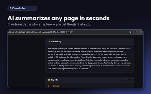 ViewshotAI :: AI-powered full-page screenshots — capture, annotate, analyse with Claude AI, crop, highlight and share with one click