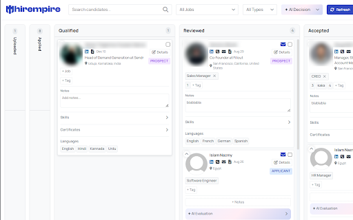 Hirempire Headhunter :: Evaluate prospects with AI and add them to your Hirempire pipeline in seconds.