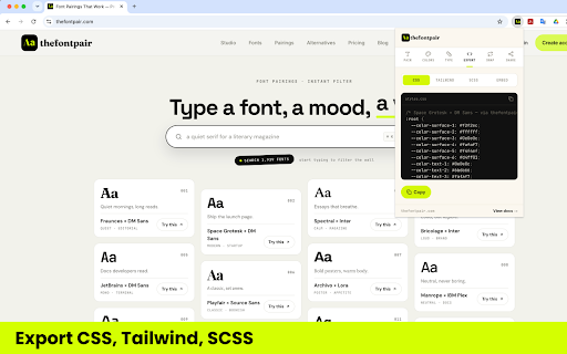 TheFontPair — Font & Pairing Inspector :: Inspect any site's font pairing, colors, and type anatomy — then swap pairings live and share branded specimen cards.