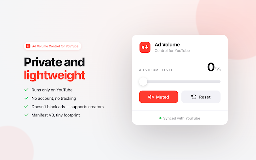 Ad Volume Control for YouTube :: Automatically lowers loud YouTube ads, then restores your volume when the ad ends. Private, lightweight, no ad-blocking.