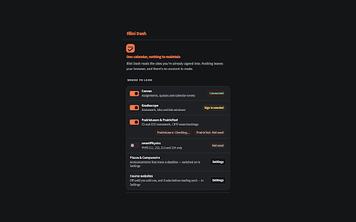 Illini Dash :: Every UIUC deadline from Canvas, Gradescope, PrairieLearn, PrairieTest, smartPhysics and course sites in one list.
