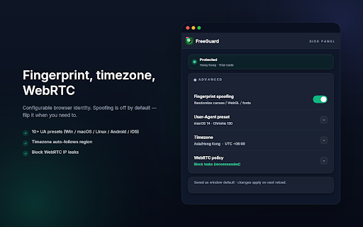 FreeGuard VPN · Stream Proxy :: Per-window HTTP/HTTPS proxy with user-agent, timezone & WebRTC controls. Free trial nodes + bring-your-own proxy.