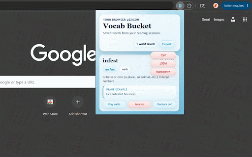 Vocab-Bucket :: Lets users save highlighted words on a web page and automatically fetch their meanings