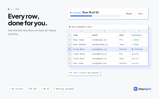 EasyAgent: Browser Macro Recorder & Form Filler :: Browser macro recorder & form filler. Record clicks and typing once, replay them for every row of your Excel or CSV data. Free.