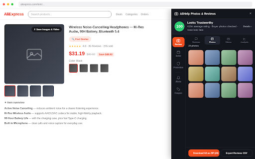 AliHelp: AliExpress Reviews, Photos & Seller Trust Check :: Get a Buy Confidence Score, seller trust check & fake-review detection on AliExpress. View, filter & save buyer photos/videos.