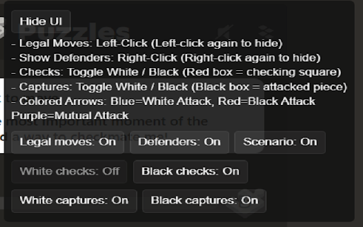 Knight Vision for Chess.com and Lichess :: chess.com and Lichess overlay for checks/captures with per-side toggles. Includes a hidable UI panel (Show/Hide UI).