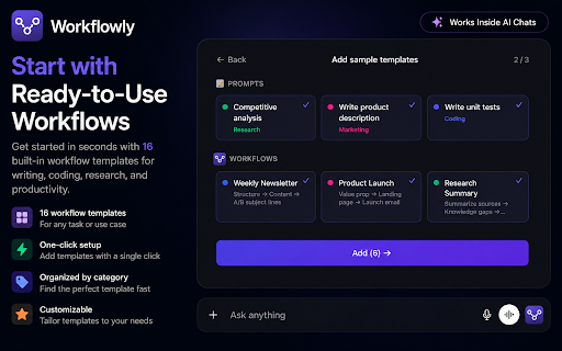 Workflowly - AI Workflow & Prompt Launcher :: Run AI workflows and launch prompts inside ChatGPT, Claude & Gemini. No tab switching. No copy-paste.