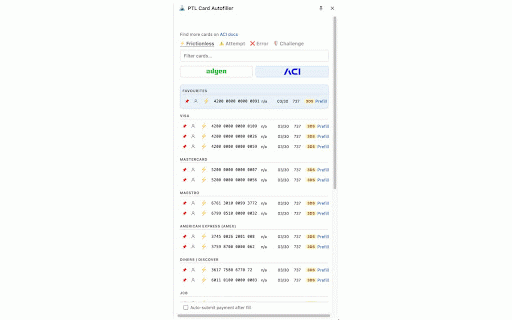 PTL Card Autofiller :: Sidebar test-card autofill for Adyen, ACI, Stripe, and other payment gateways.