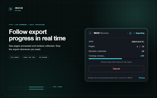INCIO Reviews - Amazon Reviews Exporter :: Export up to 100 Amazon product reviews to CSV or JSON for product research, competitor analysis, and AI workflows.