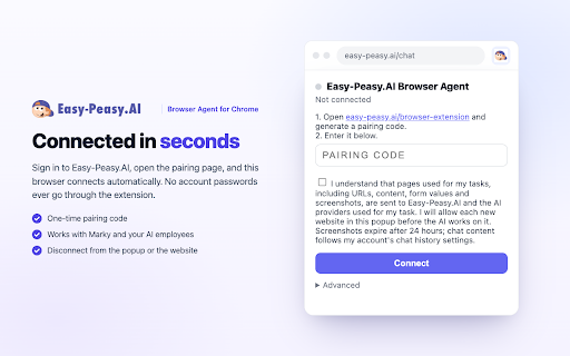 Easy-Peasy.AI Browser Agent :: Let Marky and your AI employees work in your own browser — pages open in a new tab you can watch and take over at any time.