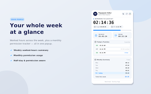 Zoho People Time Tracker :: See remaining work hours, punches, weekly summary, and permission usage from Zoho People - live in a popup, no page needed.
