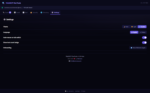 WebMCP DevTools — Tool Inspector & Auditor :: Inspect, audit and export WebMCP tools. Readiness scoring, performance profiling, code generation. By Wolvane.