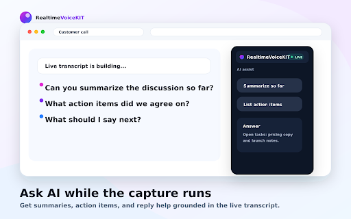 RealtimeVoiceKIT — Transcribe tabs, meetings & voice :: Capture any tab, meeting, or your voice and get live speech-to-text saved straight to your RealtimeVoiceKIT account.