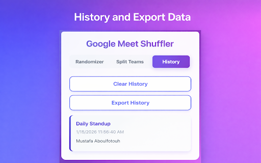 Google Meet Shuffler/Randomizer :: Randomly select meeting participants, split into teams, and auto-post results to chat. Perfect for fair selection in Google Meet!