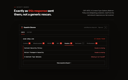 Guard: Website Security & Accessibility Checker :: Scan any page for cookie, header, mixed-content, SEO and WCAG accessibility issues, right from your own browser tab.