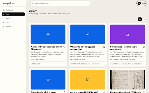 Norget - Smart Bookmark Manager :: Save a page in one click. Norget keeps the text, so you can ask questions about what you've read and get answers with sources.