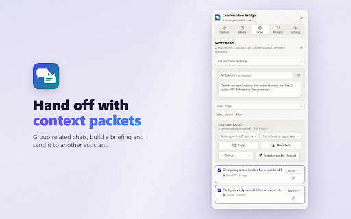 AI Conversation Bridge :: Save, search, export and organise your AI chat conversations locally, and hand a chat off from one assistant to another.