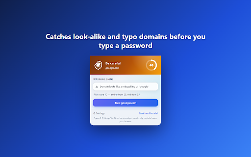 Spam & Phishing Site Detector :: Detects phishing, scam & spam websites instantly - the toolbar shield turns green, amber or red. 100% local, no data collected.