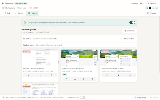 Snapshot — Full Page Screenshot, Blur & PDF :: Completely free screenshot tool. Capture, annotate, blur & export PNG/JPG/PDF/Word — 100% local, no login, no watermark, no limits.