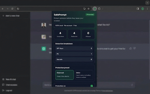 SafePrompt :: Redacts secrets and PII in AI prompts. 100% local, free.