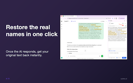 Quieta — Local anonymization for chatbots :: Anonymize your personal data before sending it to a chatbot. 100% local, via Quieta Desktop. No data ever leaves your machine.