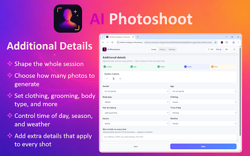 Artificial Intelligence Photoshoot :: Use Artificial Intelligence Photoshoot to create professional AI portraits and studio photos in just a few clicks.
