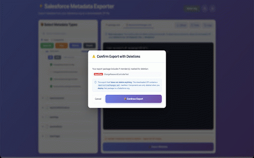 Salesforce Metadata Exporter :: Export Salesforce metadata (not data) as a ZIP file using the Metadata API. Requires active Salesforce session.