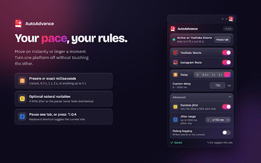 AutoAdvance :: Automatically advances to the next video on YouTube Shorts and Instagram Reels.