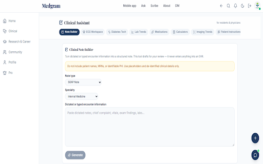 Medgram Clinical Workspace :: Clinical workspace for supported EHRs with clinician-controlled scribing, notes, answers, and documentation tools.