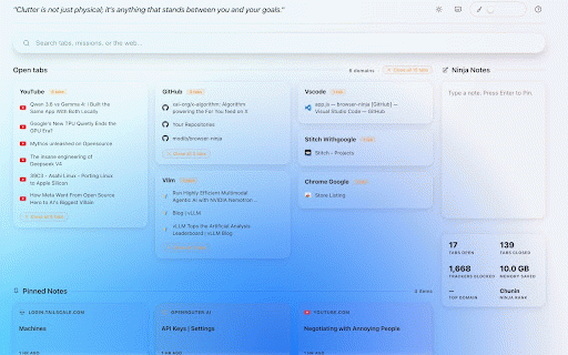 Browser Ninja :: Browser Ninja: Your ultimate productivity dashboard. Manage open tabs and take quick notes on a beautiful, gamified new tab page.