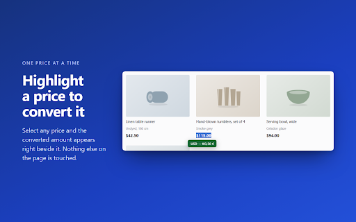 Twinprice - Currency Converter for Every Price on a Page :: 160+ currencies, converted beside the original price so you keep both. Local detection on shopping pages, and no browsing data sent.