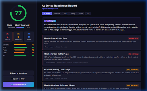 AdSense Approval Intelligence Engine :: Diagnostic intelligence system that analyzes your site against AdSense criteria to provide actionable remediation reports.