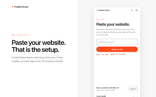 Funkel Scout – LinkedIn Fit Score & Opener :: Score any LinkedIn profile against your buyer and get a first line written from their own words.
