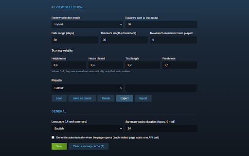 Steam TL;DR :: AI summaries of a game's recent Steam reviews, right on its store page. Start free with a Gemini key.