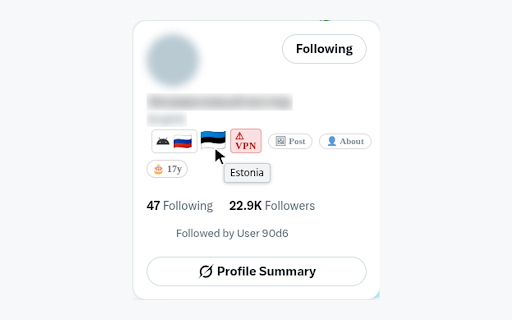 X-Pat — X profile location, filter and highlight :: See the country any X profile posts from — country flags, VPN warnings, and country filters, read from X's own data.