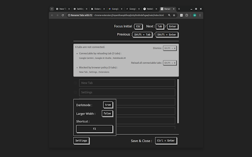 Rename Tabs with F2 :: Rename opened tabs using the F2 keyboard shortcut.