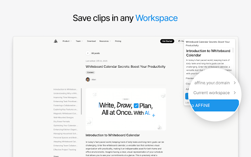 AFFiNE Web Clipper :: Save pages in a private and durable format that you can access offline. The official extension for AFFiNE.