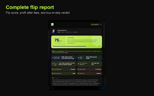 Flippr :: AI flip analysis for Facebook Marketplace. Pro: live deal tickers as you browse. Full profit reports on every listing.