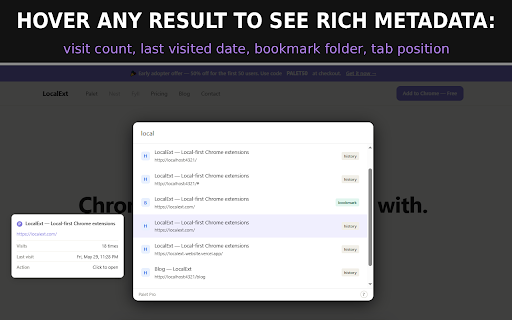 Palet — Command Palette for Chrome :: Command palette for Chrome. Find any tab, bookmark or history item instantly.