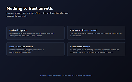 Nightlatch — Profile Lock for Google Chrome™ :: Password-lock your Chrome profile on shared computers. The lock state never syncs — unlocking at home never unlocks the lab machine.