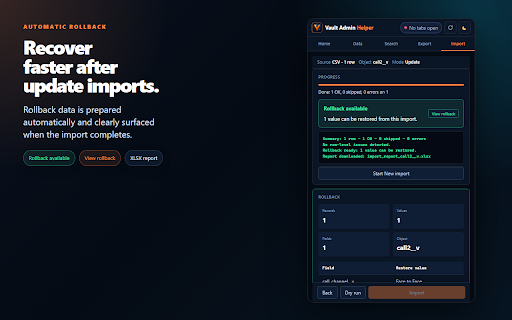Veeva Vault Admin Helper :: Productivity tool for Veeva Vault CRM admins - API badges, record editing, metadata export (CSV/XLSX/JSON), bulk import and search.