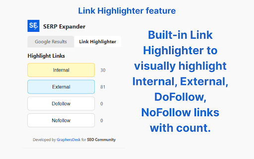 SERP Expander :: Expand Google search results and highlight links by type (internal, external, dofollow, nofollow).