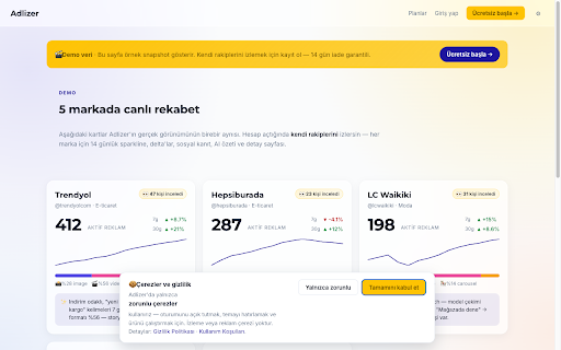 Adlizer — Rakip Reklam İstihbaratı :: Rakip sitesindeyken ikona tıkla: markanın yayında kaç reklamı olduğunu gör, takibe al, sayı değişince haber al.