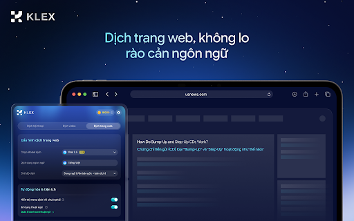 Klex :: Trợ lý dịch Klex - Dịch tức thì trang web, hội thoại chat và phụ đề video ngay trên trình duyệt — nhanh, gọn, không rời trang.