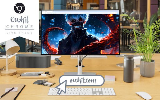 Ken Kaneki Live Wallpaper :: Ken Kaneki stands with glowing red eyes, a crimson arm, and snow falling on a blue backdrop.