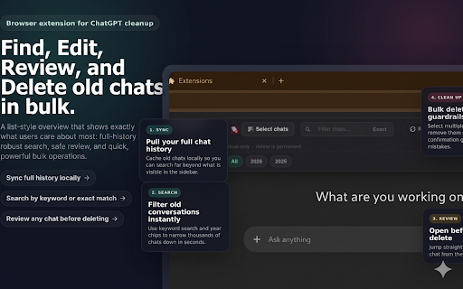 ChatGPT Bulk Delete :: Bulk delete ChatGPT chats faster with local search, year filters, and loaded Project chat selection.