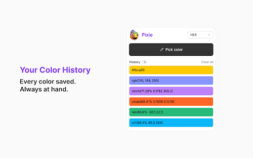 Pixie - Color Picker :: Pick any color from a webpage, copy it in modern CSS formats, and save it to your history.