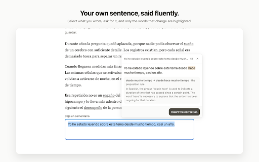 MindDory: Vocabulary Builder & Grammar Checker :: Select a word on any page to see the translation and save it as a card. Select a sentence you wrote and it checks your grammar.