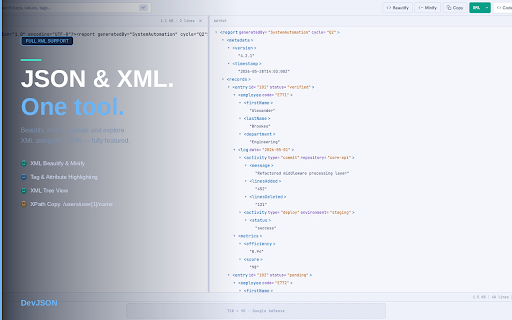 DevJSON - Advanced JSON & XML Formatter :: The cleanest JSON & XML viewer for developers. Beautify, minify, validate, tree view, copy path. Fast, private, zero bloat.