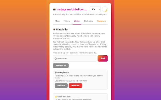 Instagram Unfollow Radar :: Automatically detect and unfollow users who don't follow you back on Instagram